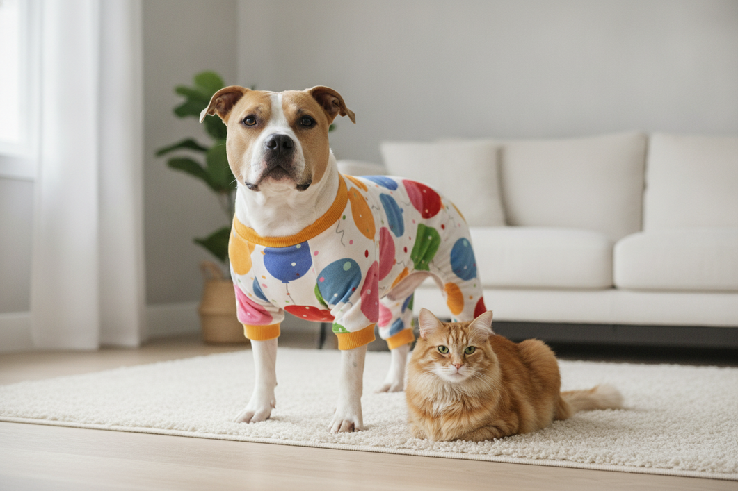 A Pitbull wearing comfortable pajamas beside a cat in a bright home setting