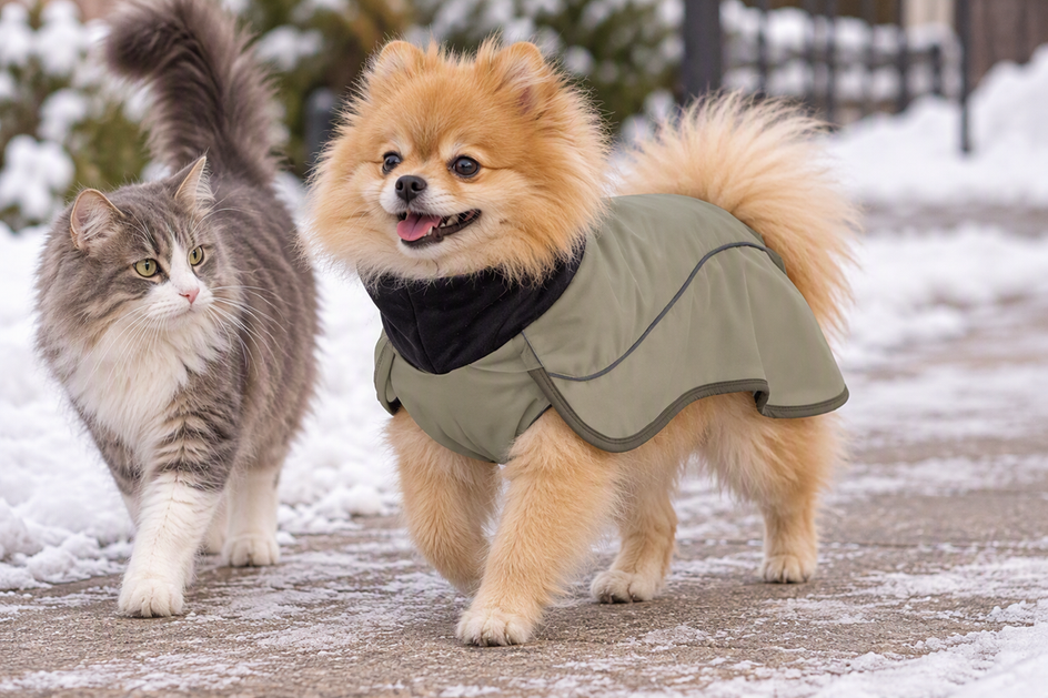 Pomeranian wearing a winter dog coat on a cool outdoor walk, with the coat clearly visible over its fluffy double coat.