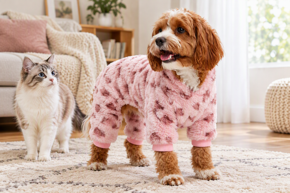 Dog wearing a full-body dog sweatshirt while a cat stands nearby in a comfortable home.