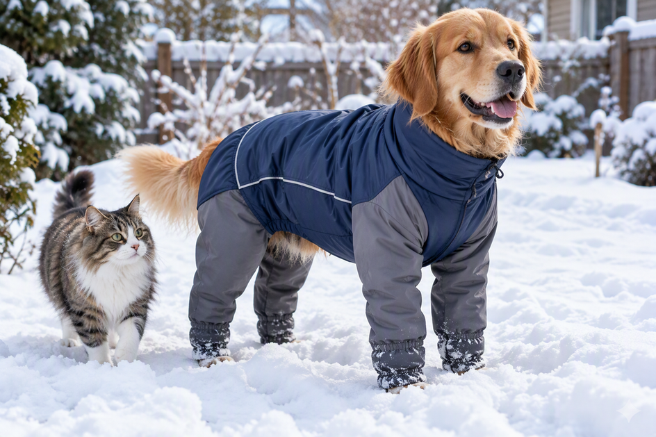 Dog wearing winter clothing that covers its legs while standing in snowy grass beside a cat
