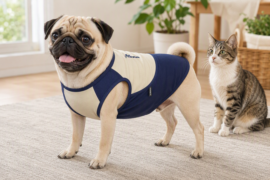 Pug wearing a dog shirt indoors beside a cat, shown comfortably in a bright home setting