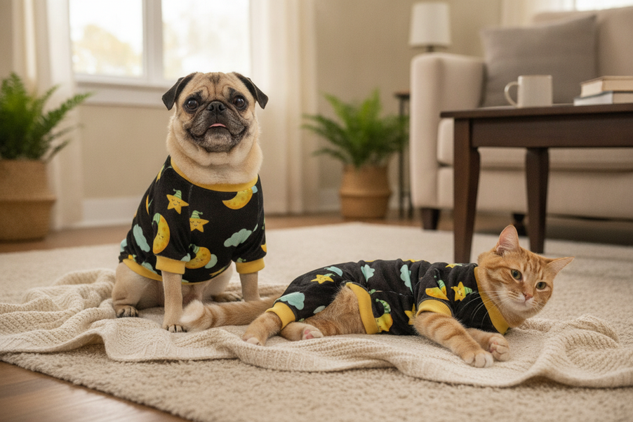 Pug and cat wearing comfortable indoor pajamas together in a cozy home setting