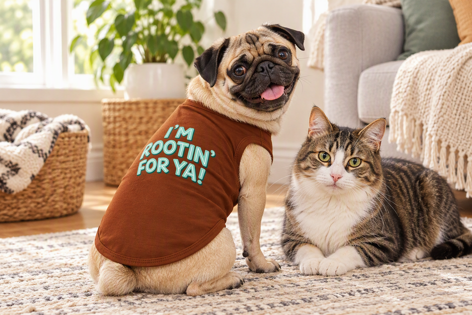Pug wearing a breathable dog shirt beside a cat in a bright home setting.