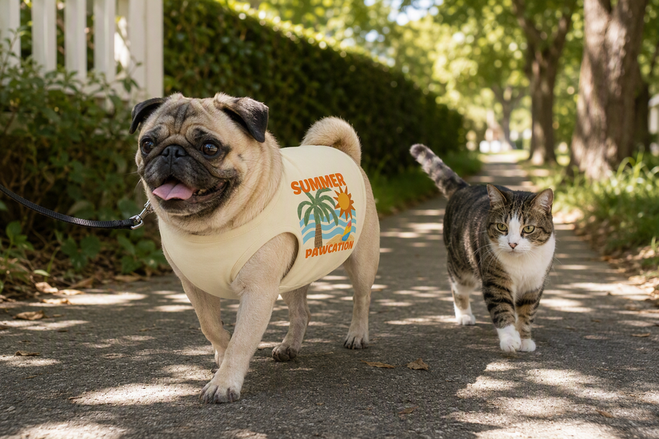Pug wearing a lightweight summer shirt on a shaded, humid-weather walk beside a cat.
