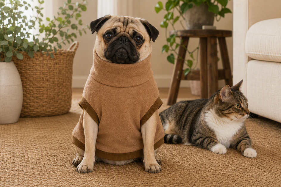 Pug wearing a dog sweater beside a cat in a bright indoor setting, with the sweater neckline clearly visible