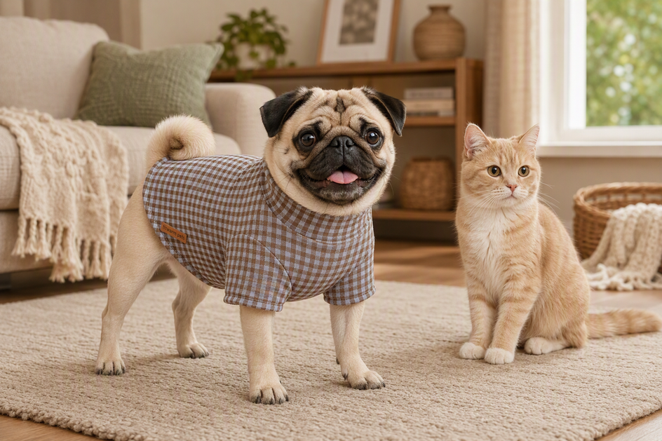 A Pug wearing a sweater stands beside a cat in a cozy home setting.