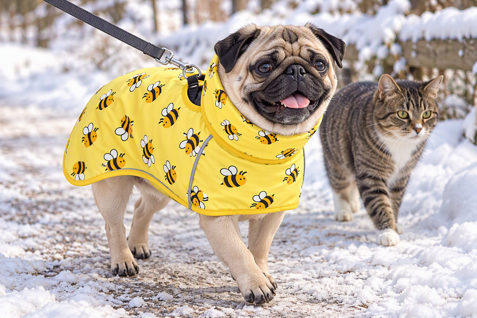 A pug wearing a winter dog coat with a harness ring accessible through the coat opening while a cat stands nearby on a cold-weather walk