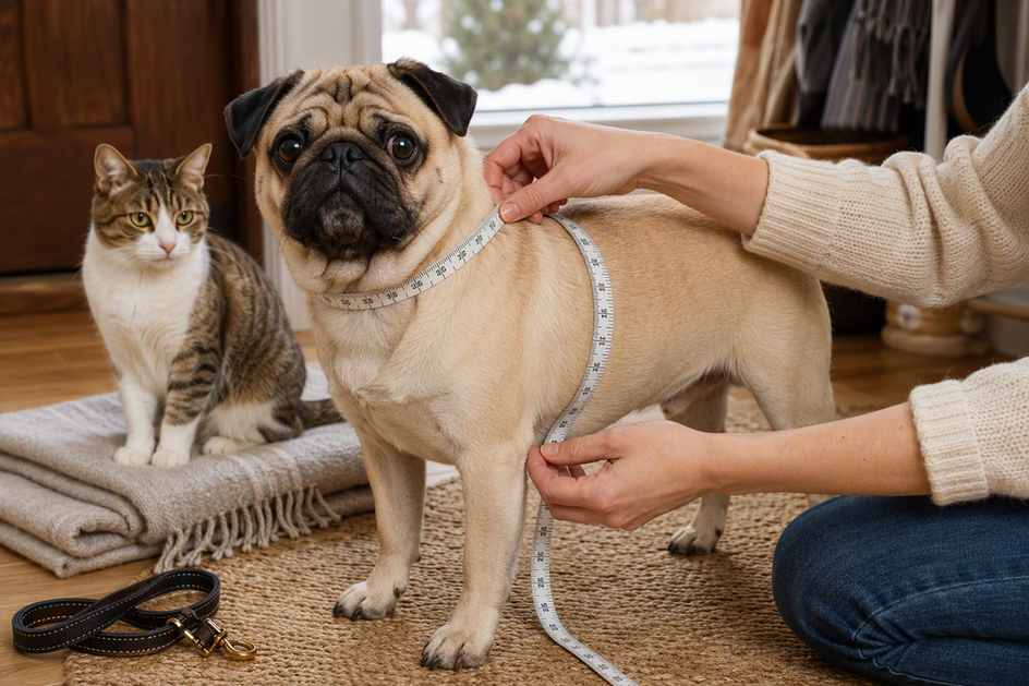 Pug standing calmly beside a soft measuring tape while a person checks the fit around its neck and chest in a bright home setting.