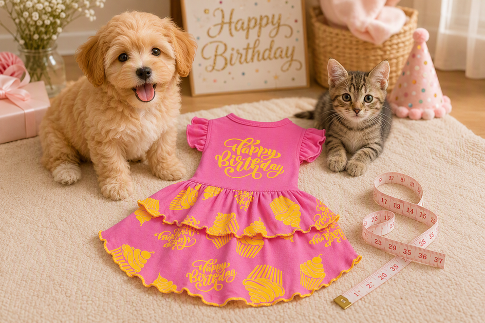Birthday dress arranged beside a puppy and kitten with a soft measuring tape nearby.
