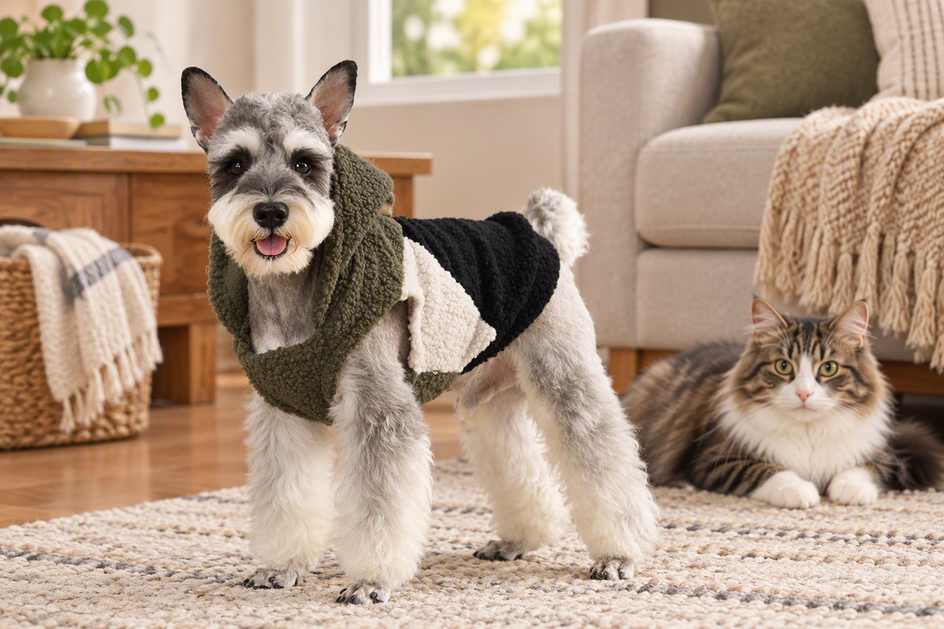 Puppy wearing a dog vest hoodie indoors with a cat nearby in a warm home setting.
