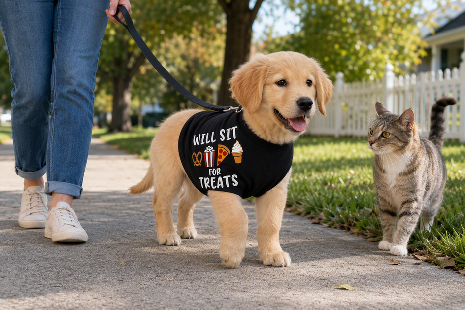 Puppy wearing a shirt during a calm outdoor socialization visit on a quiet sidewalk, with a cat nearby and a handler observing