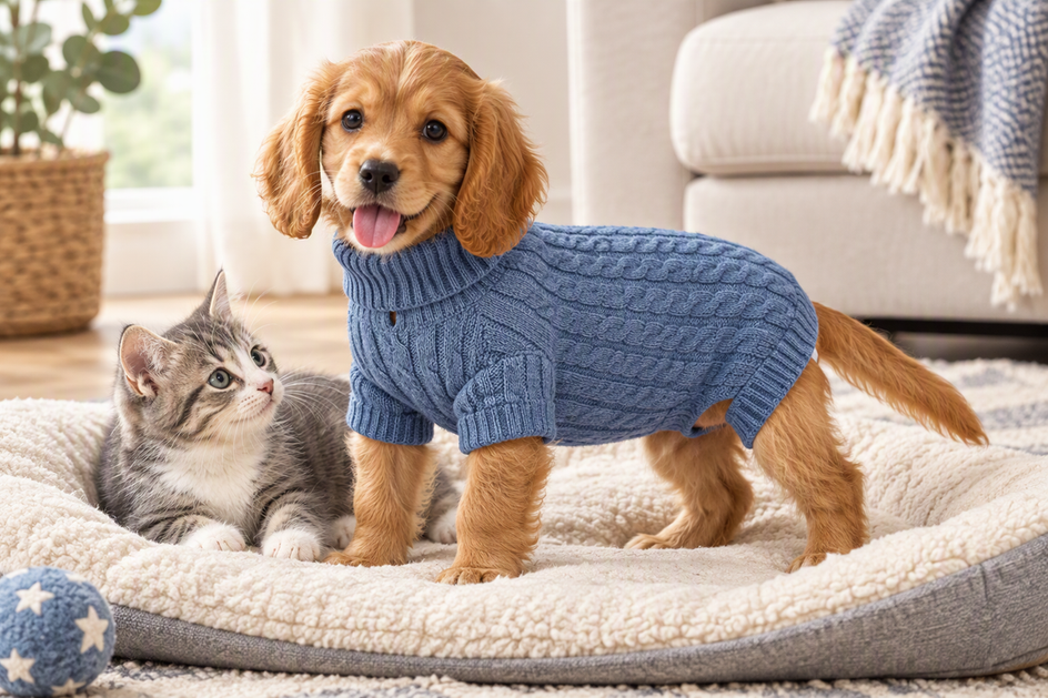 Puppy wearing a knit sweater beside a kitten in a cozy home setting.