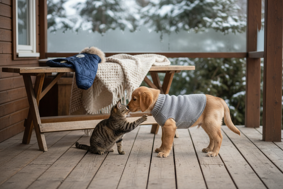 Puppy in a sweater beside a cat and a separate puppy coat in a cozy cold-weather setting