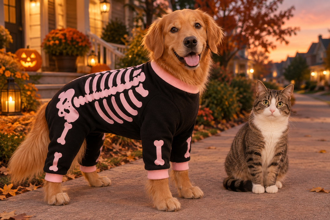 Dog wearing a festive Halloween costume outdoors at dusk with a cat companion nearby on a residential sidewalk