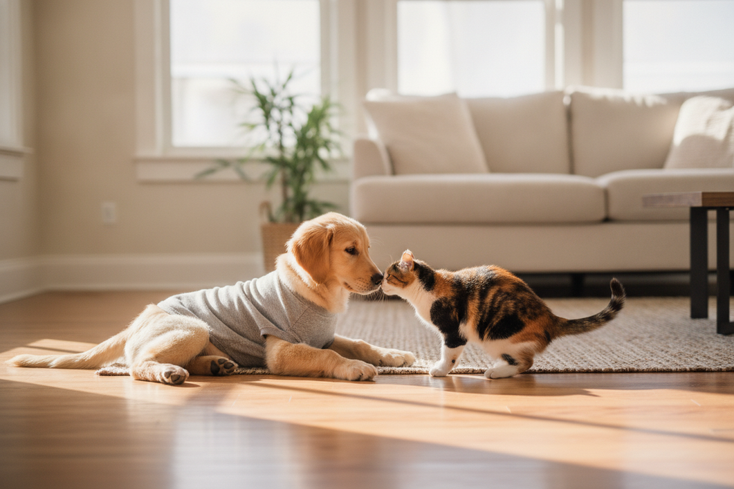Dog and cat together in a bright home setting, introducing the process of checking whether a growing dog’s clothing still fits