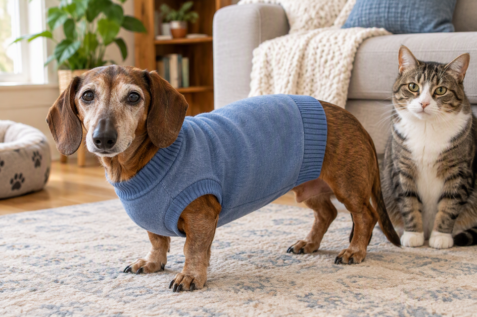 Senior Dachshund wearing a comfortable dog garment while a cat sits nearby in a bright home setting.