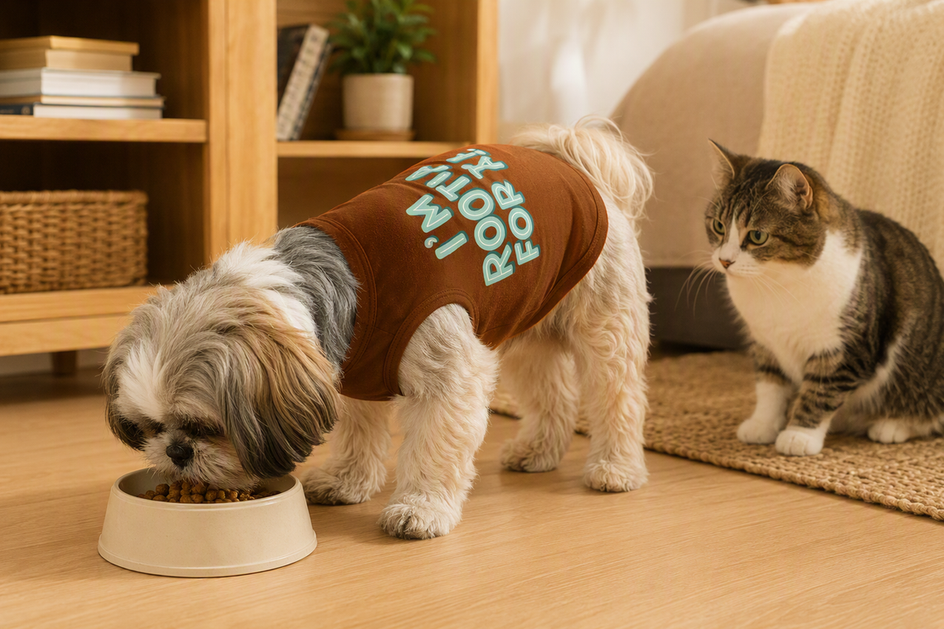 Shih Tzu wearing a washable dog t-shirt beside a meal bowl, with a cat nearby in the home.