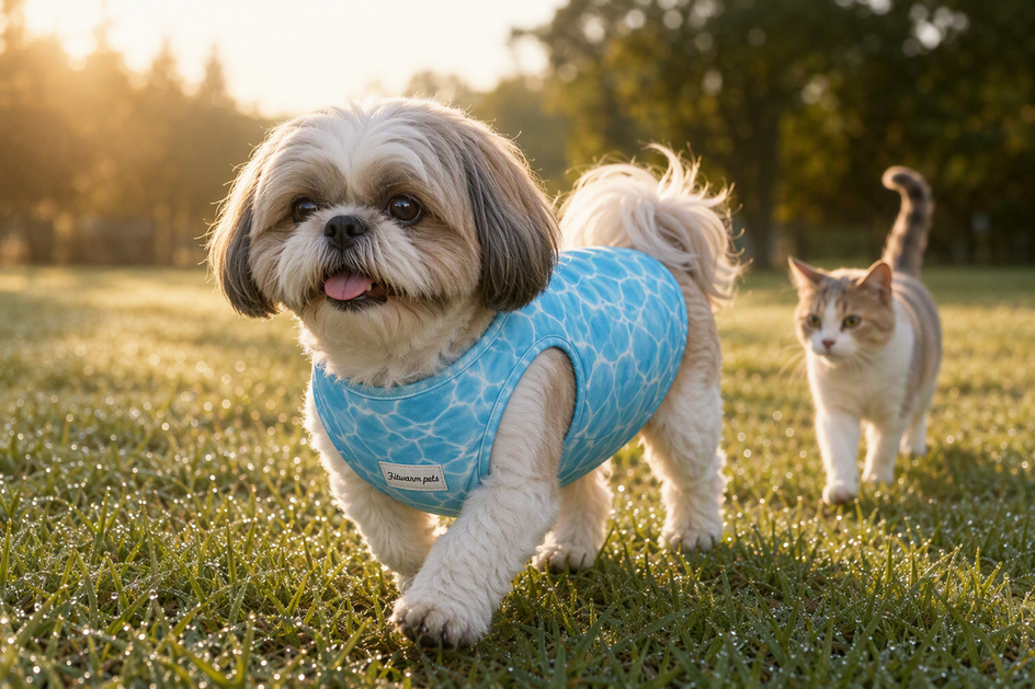 A Shih Tzu wearing a step-in dog vest walks across dewy grass beside a cat during an early morning outing.