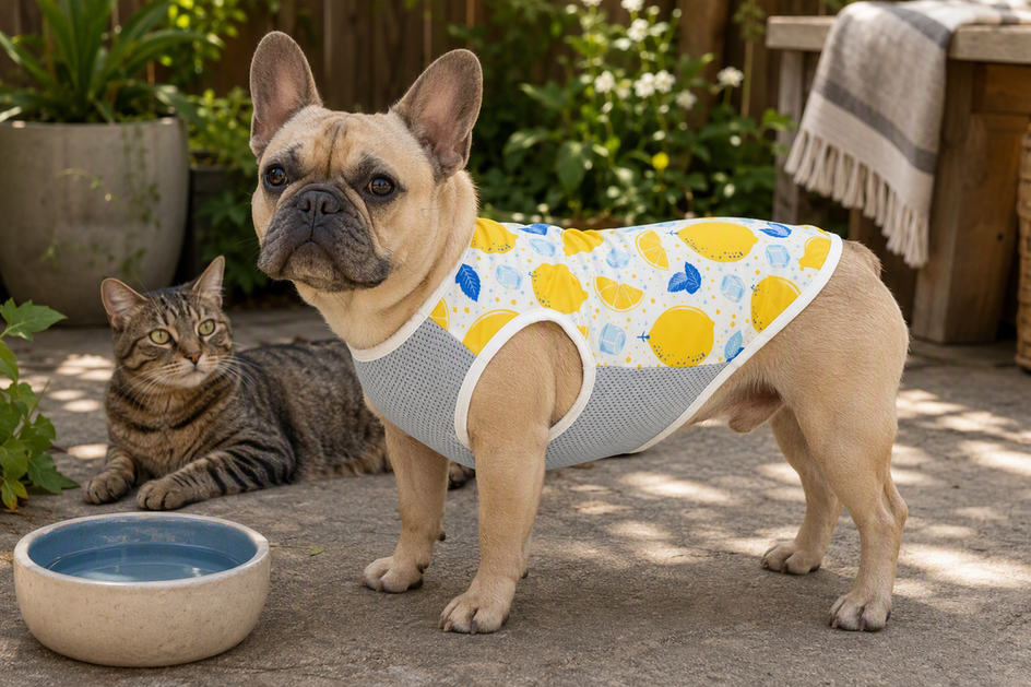 French Bulldog wearing a sleeveless summer shirt beside a cat in a shaded outdoor yard with water nearby.