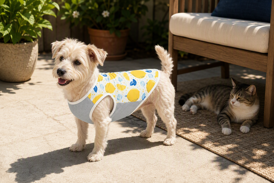Small light-coated dog wearing a sleeveless UV-protection shirt on a sunny patio, with a cat resting nearby in the shade.