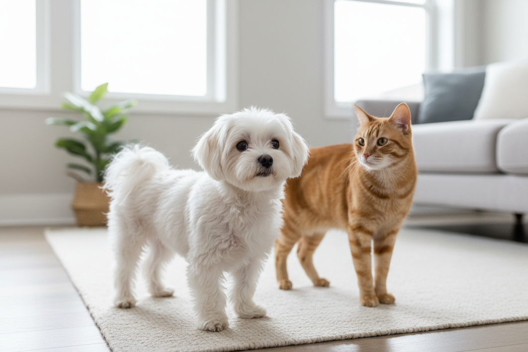 Editorial comparison of a small dog and a cat showing different body proportions from a side and three-quarter view