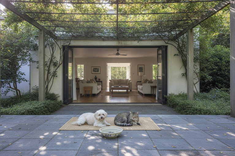 Small dog and cat resting comfortably near a shaded outdoor area on a warm day