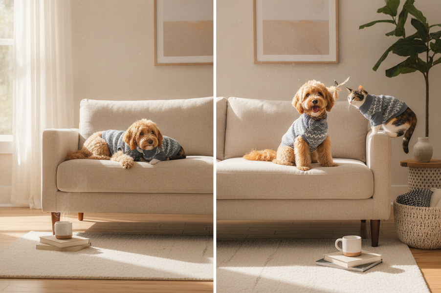 A tiny dog and cat together in a bright home setting wearing coordinated pet clothing