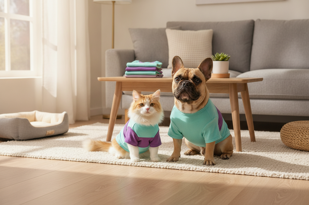 Small dog and cat wearing coordinated pet clothing in a bright home setting, illustrating a practical pet wardrobe rotation.