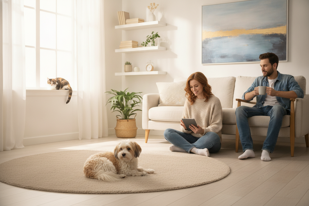 Small companion dog calmly observing a few visitors in a welcoming home, with a relaxed cat nearby
