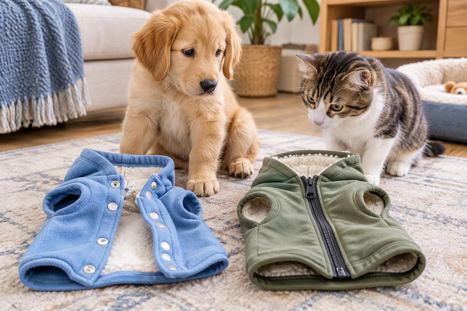 Puppy clothing with snap buttons and a zipper arranged beside a curious puppy and cat for a practical closure comparison