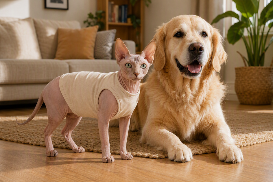 Sphynx cat wearing a simple cotton vest beside a relaxed dog in a bright home setting