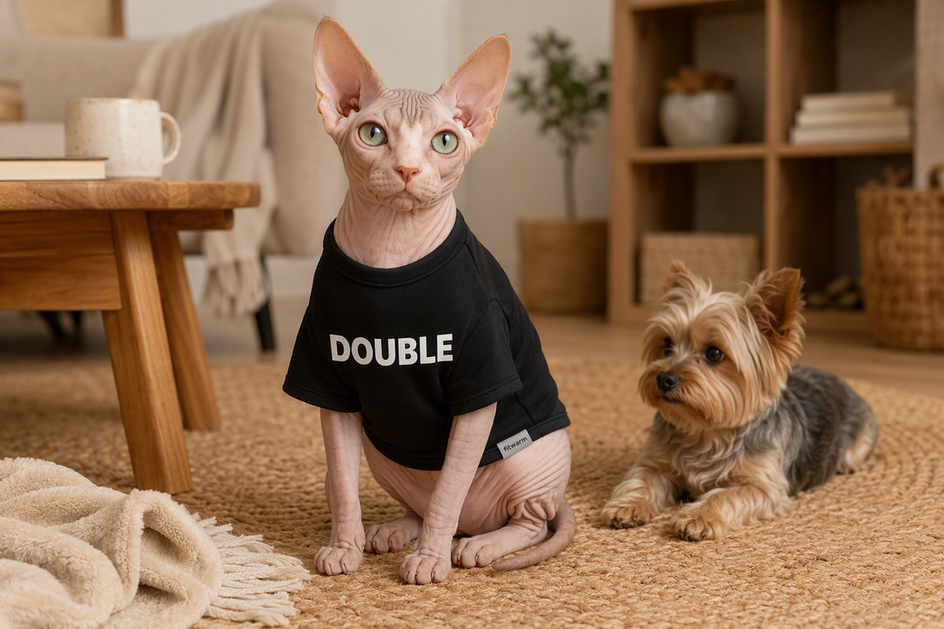 Sphynx cat wearing a lightweight cotton-blend shirt while sitting comfortably at home, with a small dog nearby.