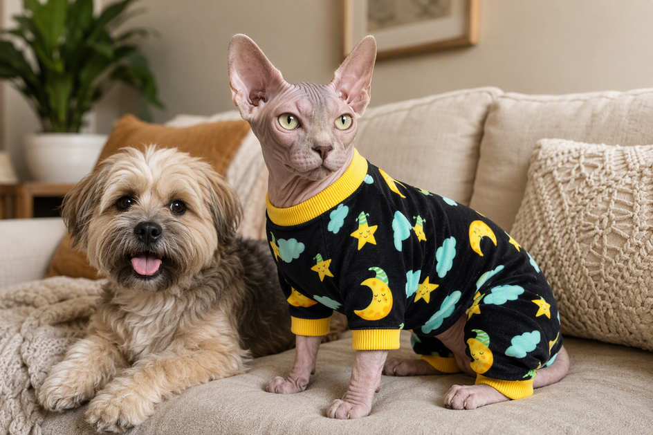 Hairless Sphynx cat wearing full-coverage pajamas while relaxing beside a small dog on an indoor sofa