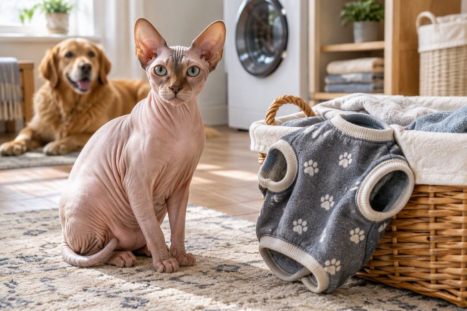 A Sphynx cat sits beside a clean pet garment and laundry basket while a dog rests in the background.