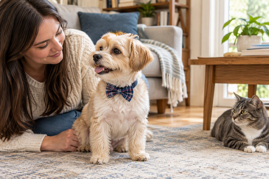 Small dog wearing a decorative collar bow while an owner watches closely and a cat remains nearby.