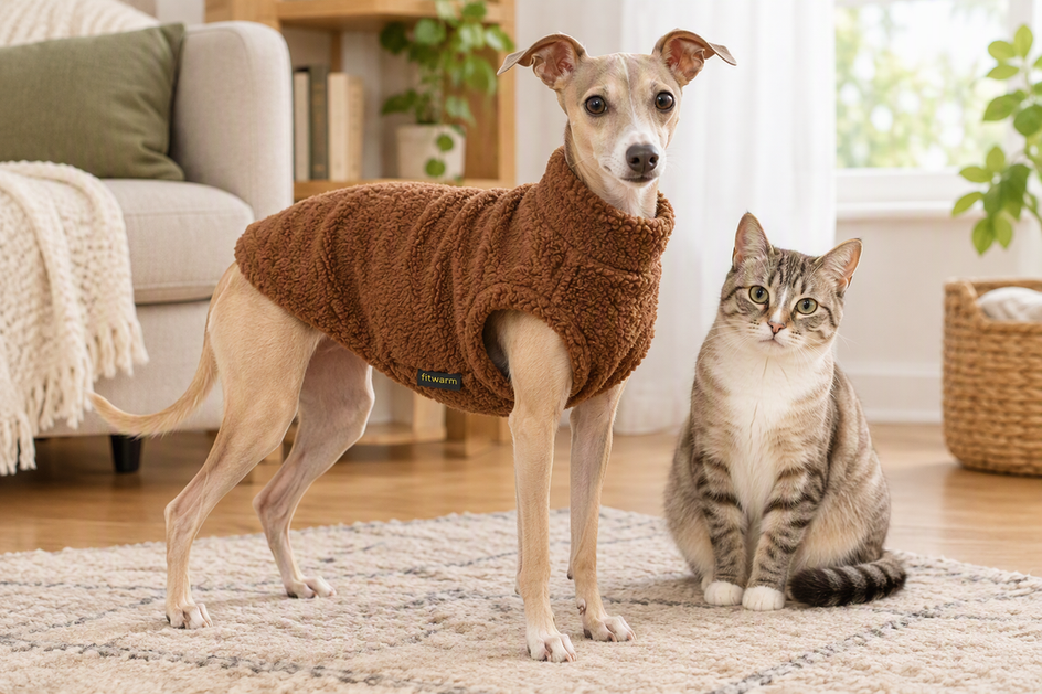 Italian Greyhound wearing dog clothes while a cat sits nearby in a bright home setting