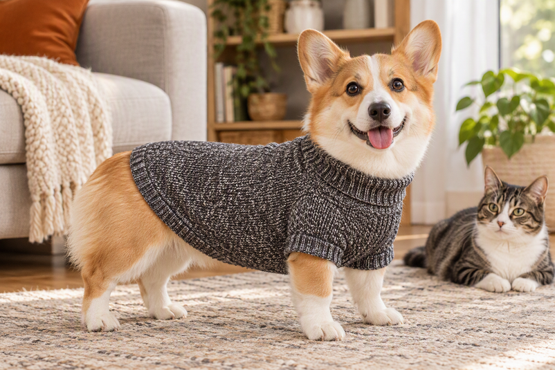 Corgi wearing a knitted dog sweater while a cat sits nearby in a cozy home setting
