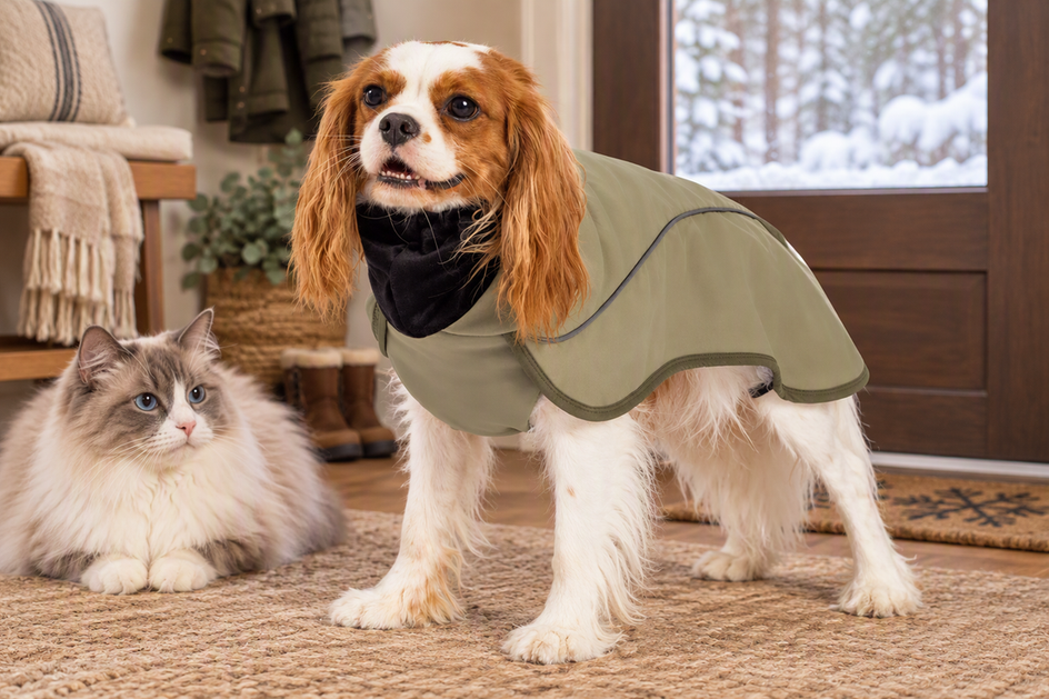 Small dog wearing a winter coat beside a cat in a cozy winter entryway.