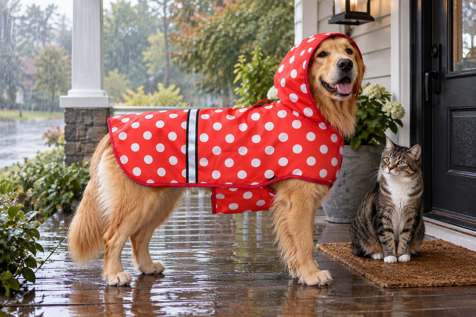Dog wearing a raincoat on a covered porch during a rainy, windy walk, with a cat nearby.