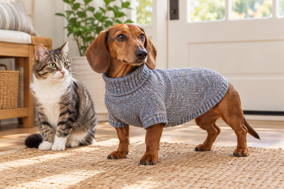 A dachshund wearing a fitted knit sweater stands indoors while a cat sits nearby.