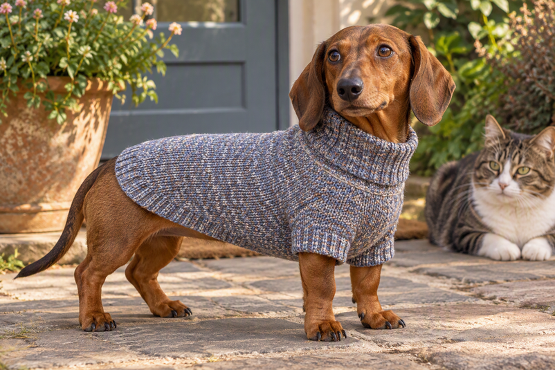 Male Dachshund wearing a sweater outdoors beside a cat in a cozy home-and-garden setting, with the sweater hem visibly clear of his underside.