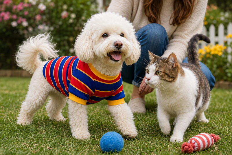 Small dog wearing a striped shirt beside a cat during an outdoor playdate
