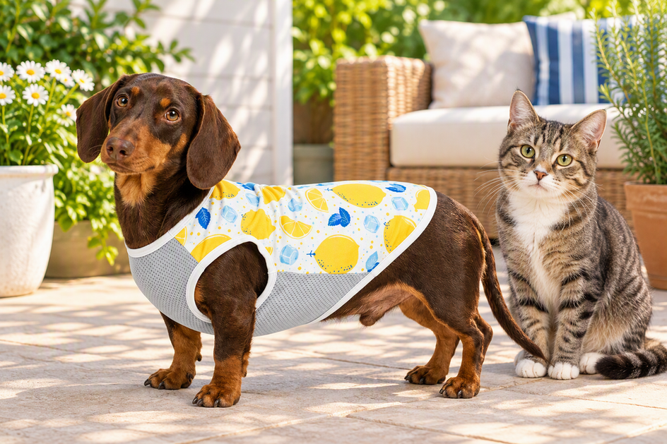 A summer dog shirt worn by a stocky dog beside a cat in a bright outdoor setting.