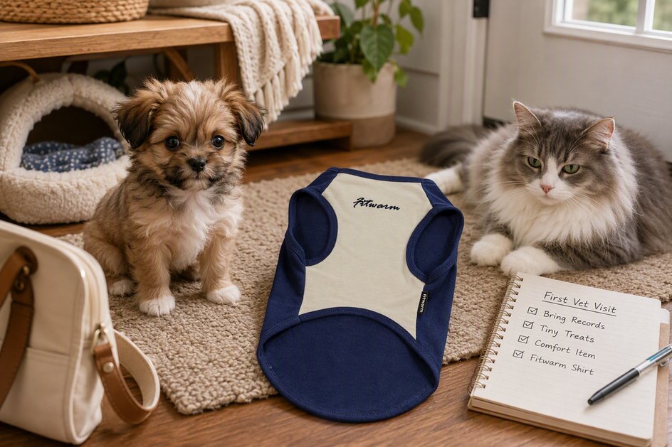 Small puppy beside a dog shirt while a cat sits nearby during calm preparation for a first vet visit.