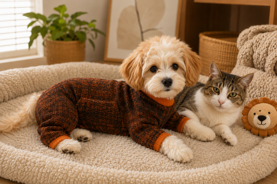 Small dog wearing a full-coverage thermal onesie beside a cat in a warm home setting.