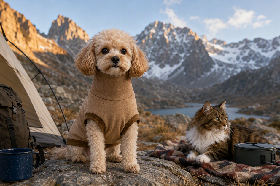 Small dog wearing a thermal turtleneck sweater beside a cat at a mountain campsite, with snowy peaks and a travel setup in the background.