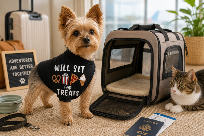 Toy-breed dog wearing a lightweight shirt beside an open airline carrier, with a cat nearby in a bright travel-preparation setting