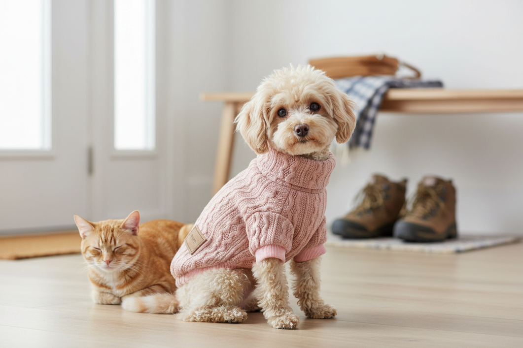 Toy Poodle wearing a knitted turtleneck sweater beside a cat in a warm seasonal home setting