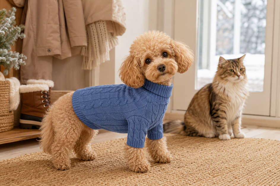 Toy Poodle wearing a winter sweater beside a cat in a bright home entryway