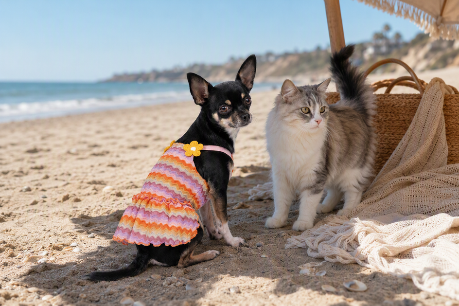 Small dog wearing a lightweight dress beside a cat on a sunny beach with shade nearby